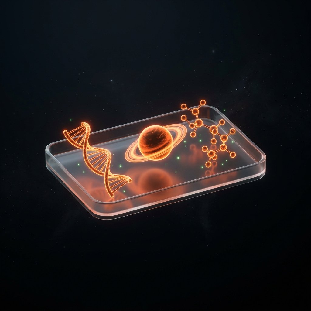 Futuristic 3D visualization showing DNA helices and planets representing visual curriculum models